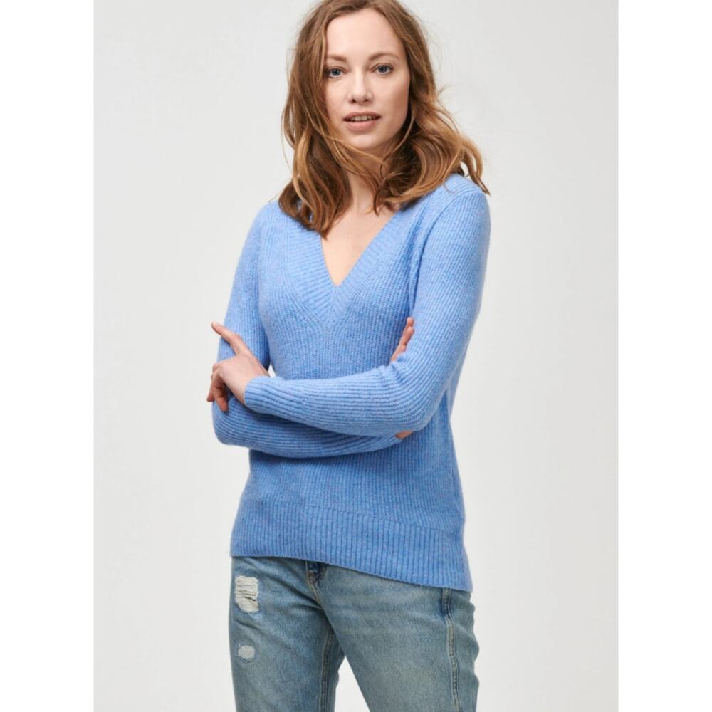 Gap Women's Blue V-Neck Long Sleeve Blue Cloud Wool Blend Ribbed Sweater Small‎